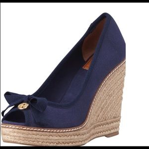 Tory Burch Jackie peep toe espadrilles wedge- navy